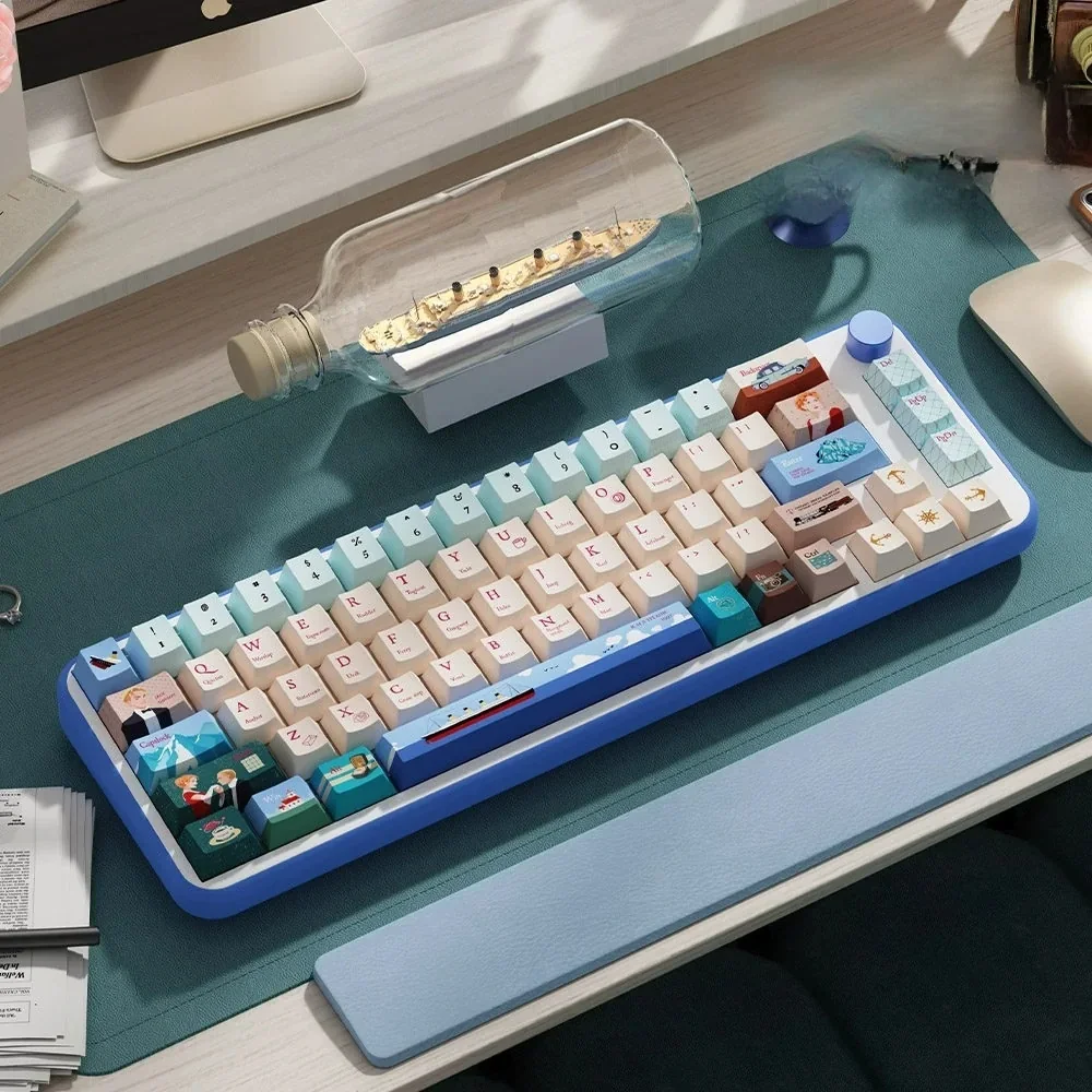 Full layout of Titanic PBT Keycap Set on a mechanical keyboard, showcasing deep blue and vintage white keys.