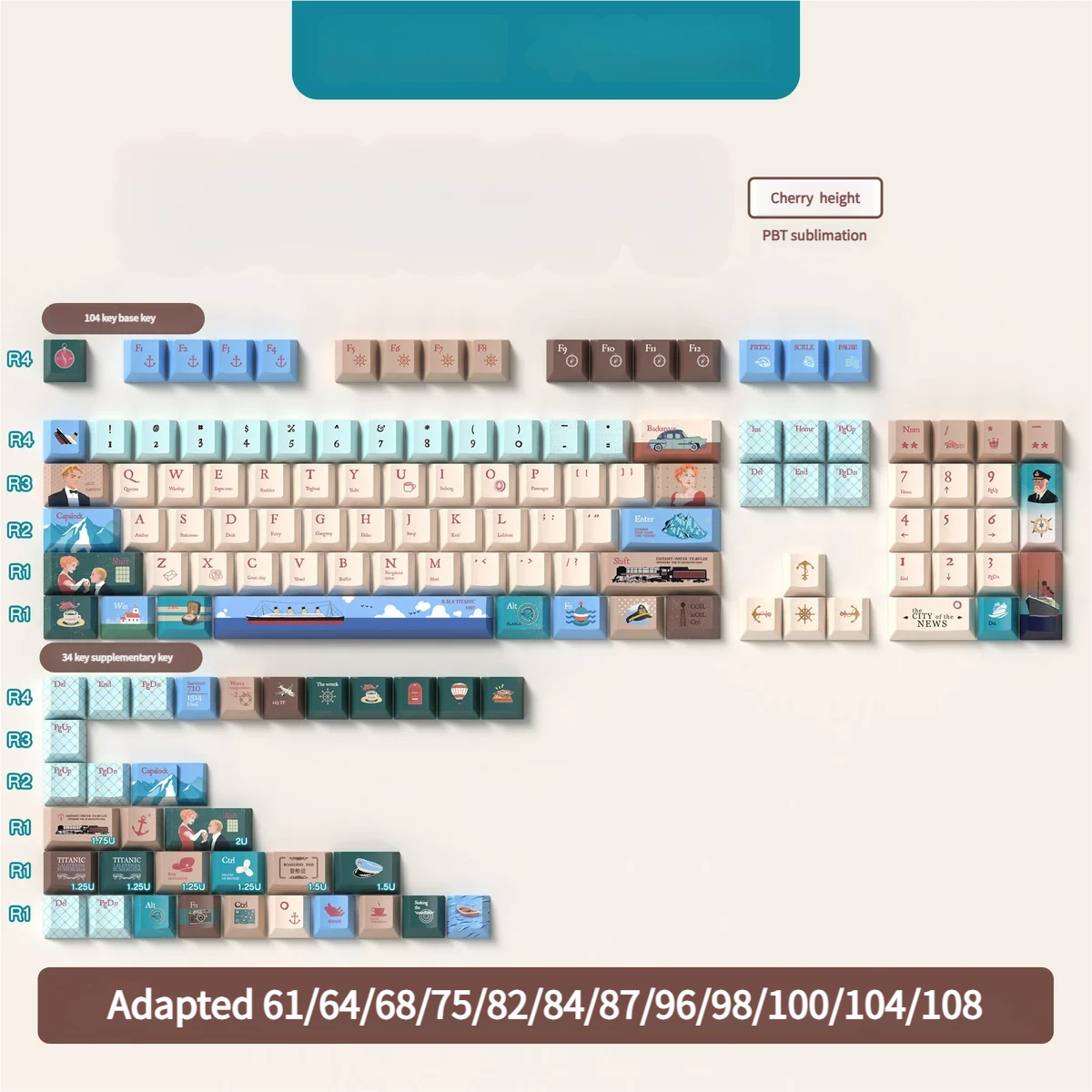 Assortment of Titanic accent keys and unique novelties, displaying intricate vintage ship motifs.