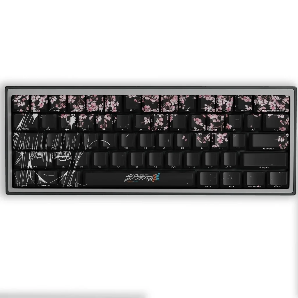 Vibrant PBT keycaps featuring Zero Two and cherry blossom designs