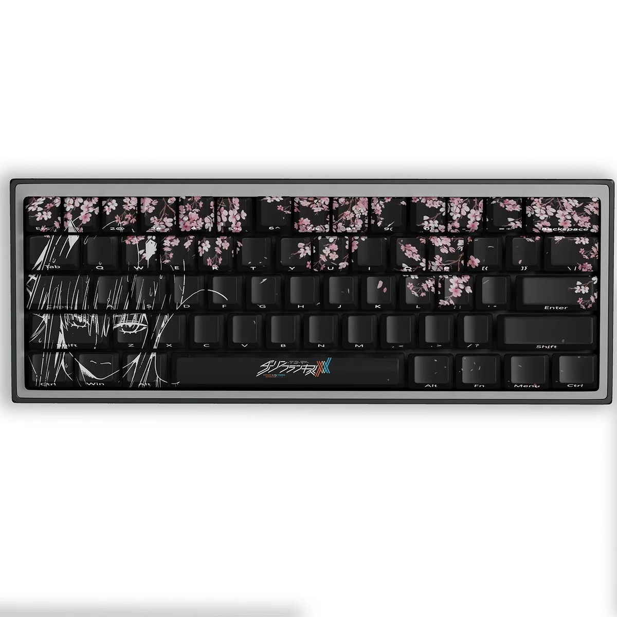 Vibrant PBT keycaps featuring Zero Two and cherry blossom designs