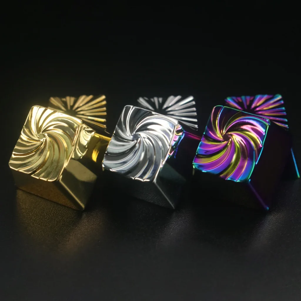 Vortex Keycap with iridescent swirl design, close-up on a mechanical keyboard