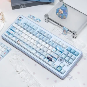 Love and Deepspace Zayne Winter Series PBT Keycap Set with icy blue and white aesthetic on a mechanical keyboard