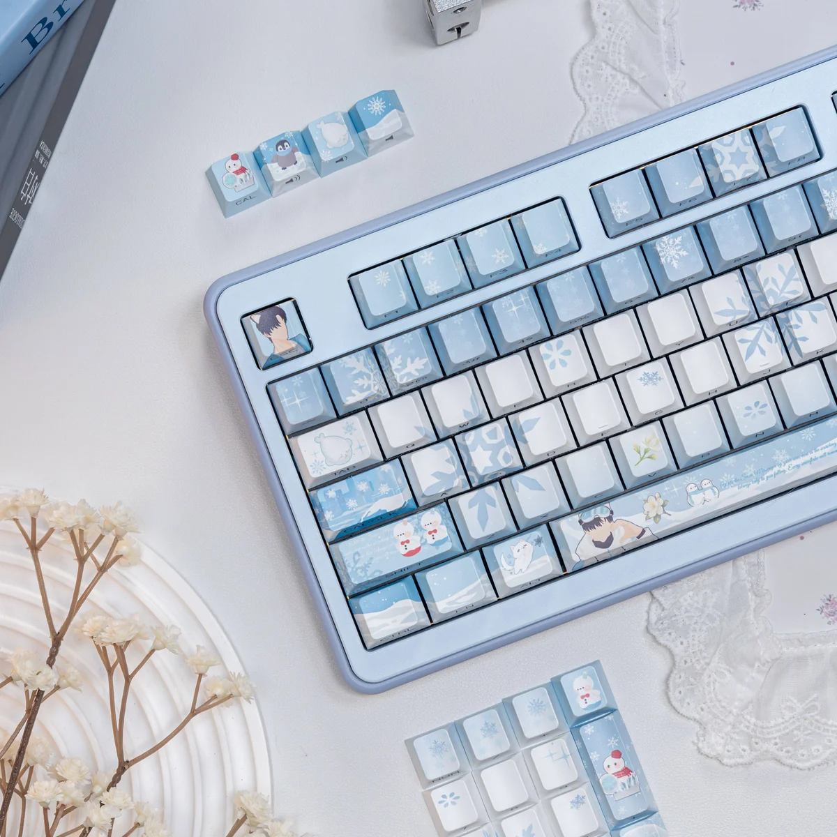 Close-up of translucent MDA profile PBT keycaps showcasing Zayne Winter Series design