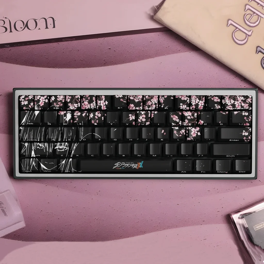 Zero Two Keycap Set with Sakura motifs on a mechanical keyboard