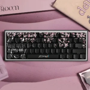 Zero Two Keycap Set with Sakura motifs on a mechanical keyboard