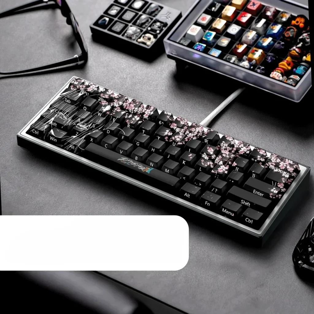 Close-up of Zero Two PBT Dye-sub keycaps, detailed anime art