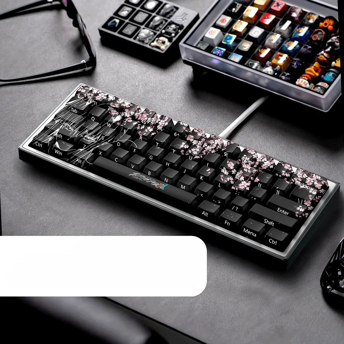 Close-up of Zero Two PBT Dye-sub keycaps, detailed anime art