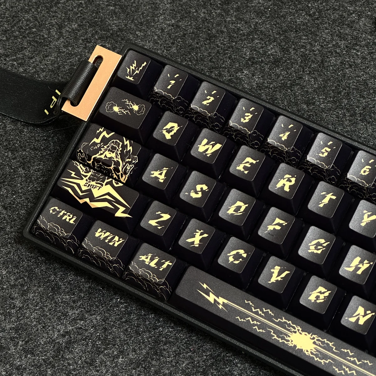 Close-up detail of a Zeus keycap, highlighting the intricate sculpted design and PBT texture.