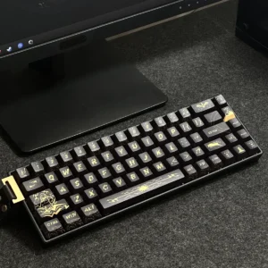 Full view of the Zeus PBT Keycap Set on a mechanical keyboard, showcasing the black and gold mythological theme.