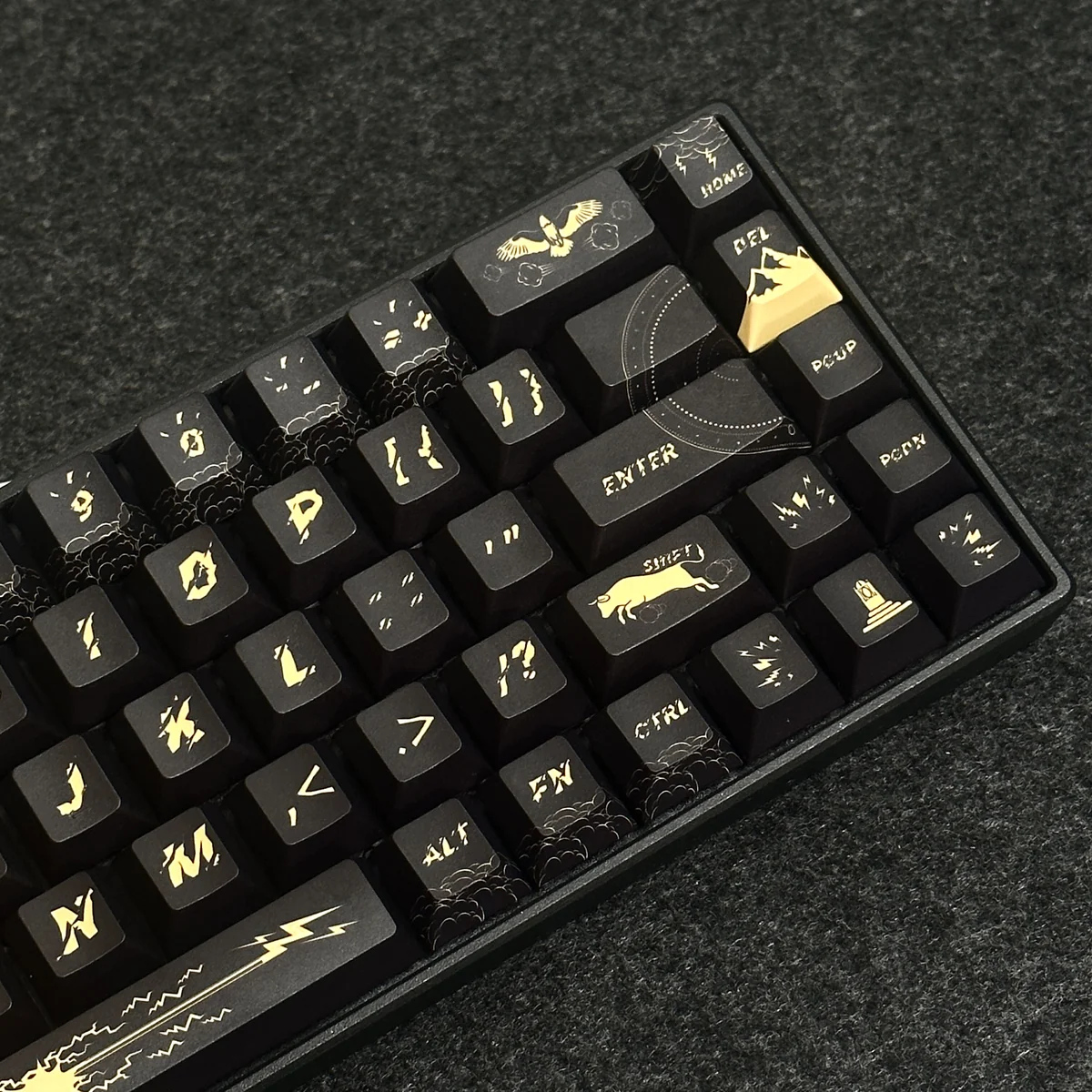 Zeus Keycap Set installed on a dark mechanical keyboard, illuminated by subtle backlighting.