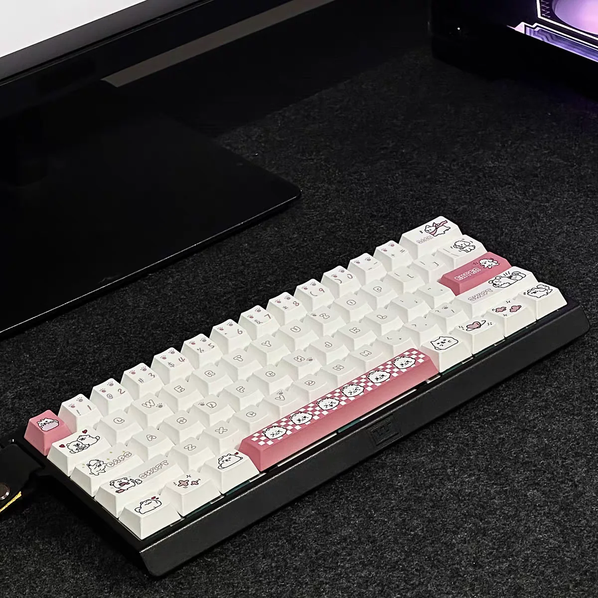 Adorable pink puppy PBT keycap set on mechanical keyboard