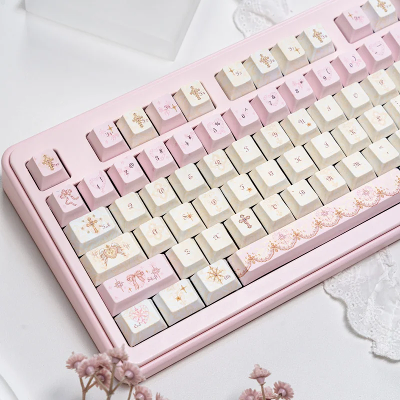 Close-up of Angel's Lies Cherry Keycap Dreamy pink PBT highlighting details and finish