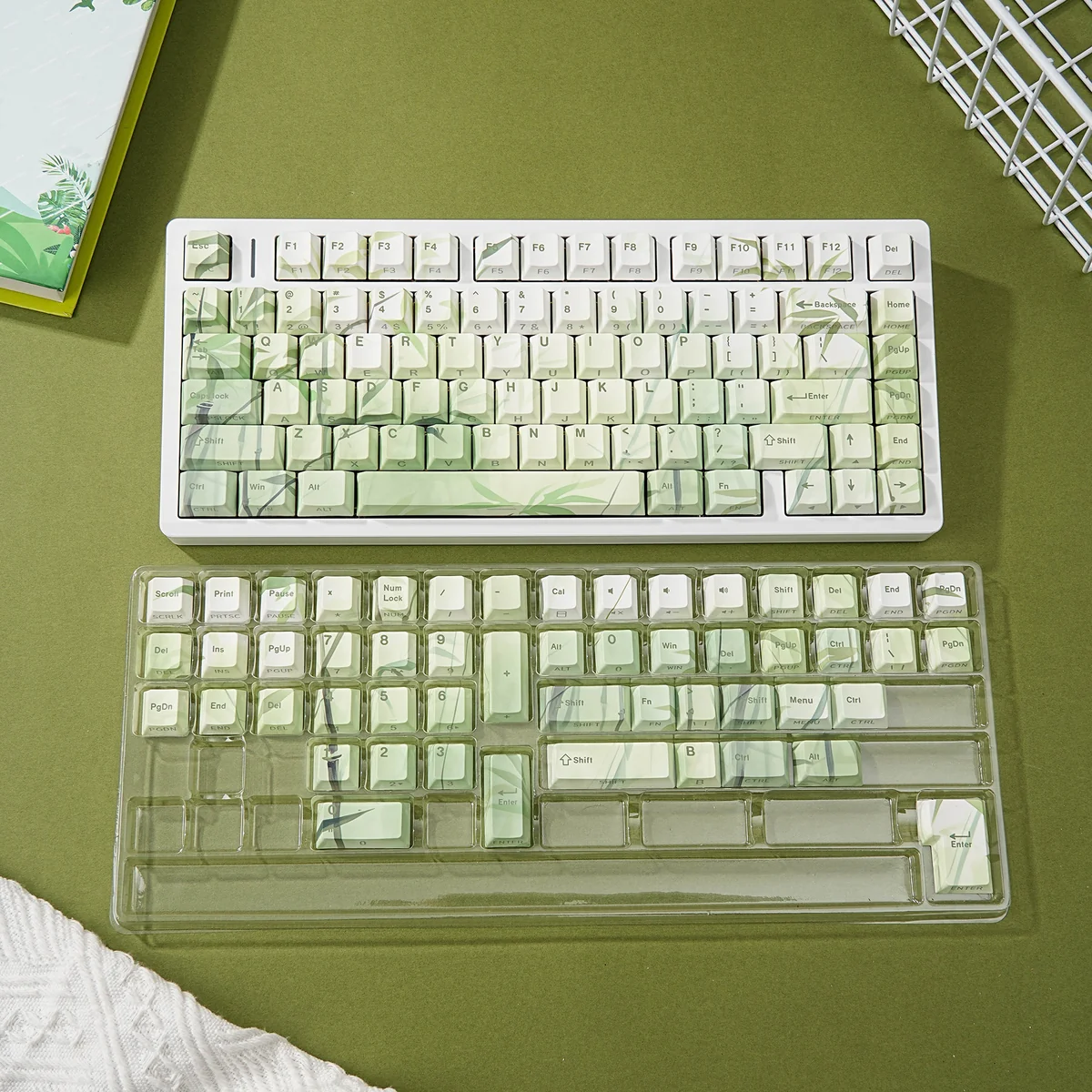 Close-up of Bamboo Forest PBT Keycaps, highlighting dye-sublimated legends and texture