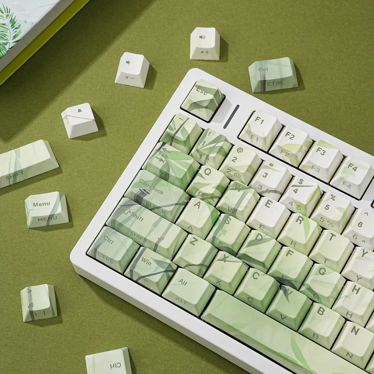 Overhead view of a keyboard with the Bamboo Forest Keycap Set, emphasizing full layout coverage