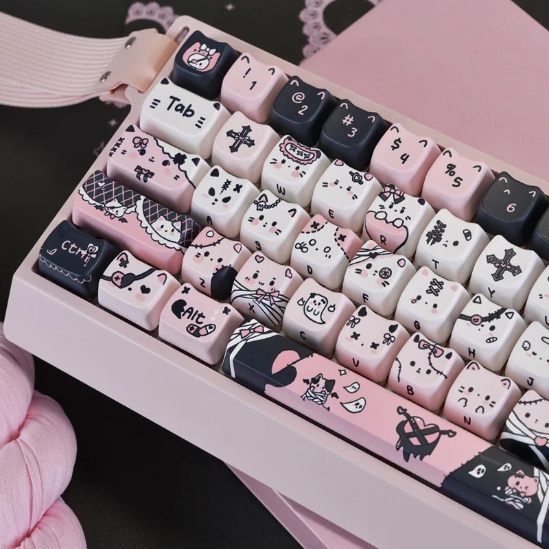 Close-up of dye-sublimated black cat keycap design