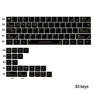 Assortment of Black Gold Baroque keycaps, including accent keys, displaying the full range of ornate designs.