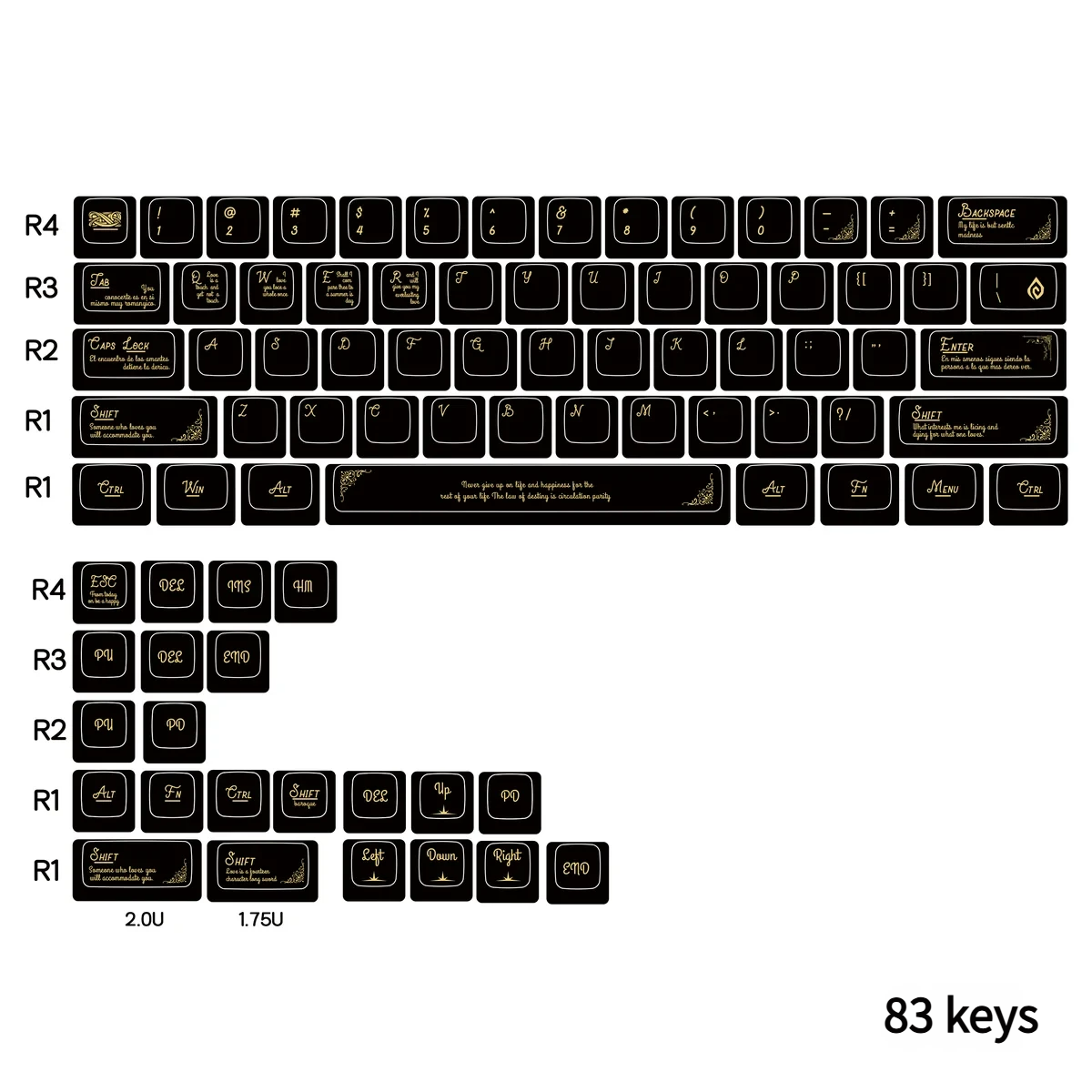 Assortment of Black Gold Baroque keycaps, including accent keys, displaying the full range of ornate designs.
