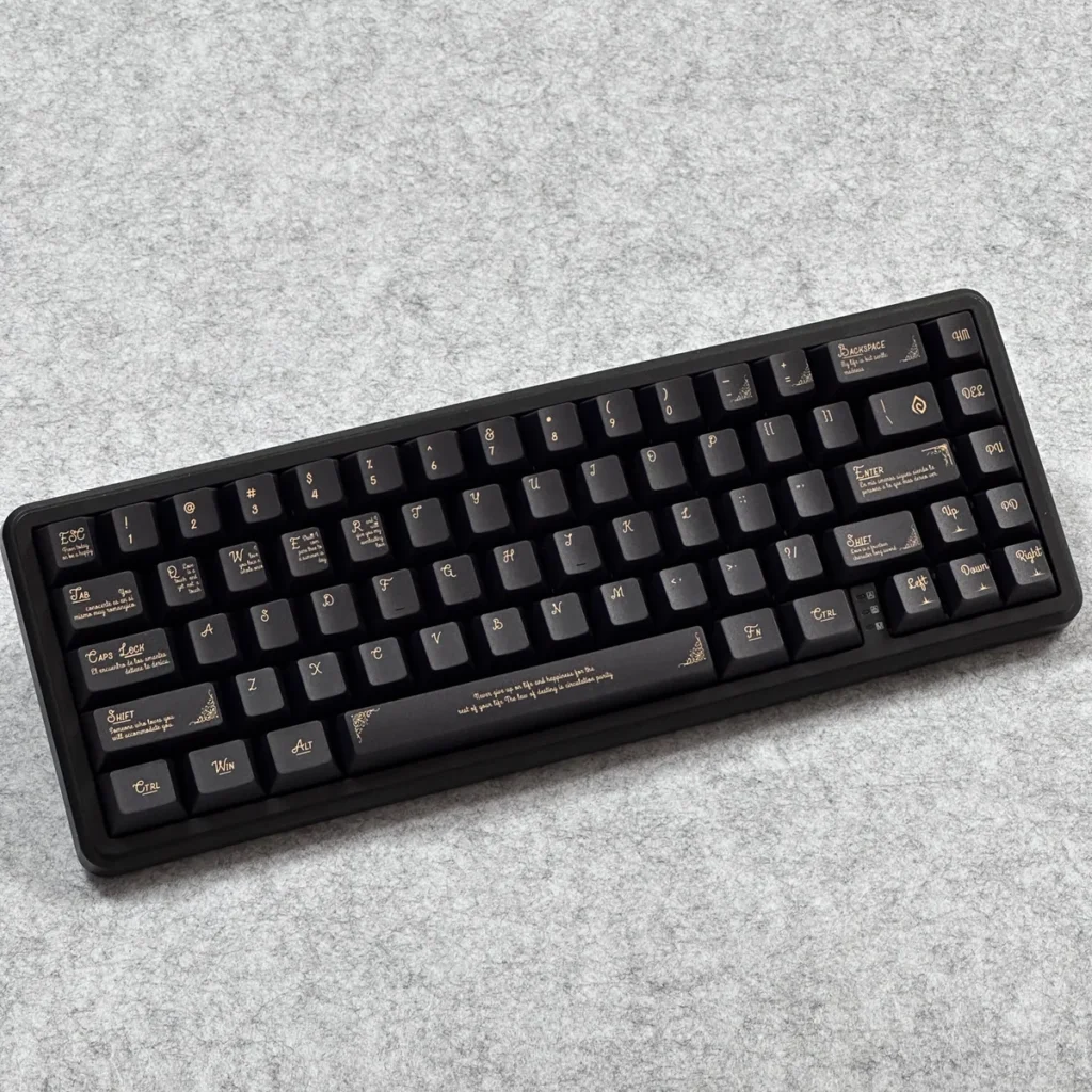Full keyboard featuring Black Gold Baroque PBT keycap set with ornate designs and Cherry profile.
