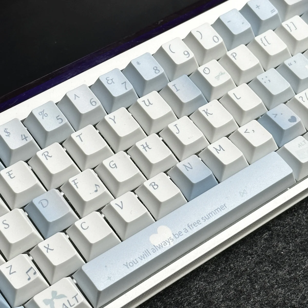 Overhead view of the Blue Melody Keycap Set arranged, demonstrating full layout compatibility.