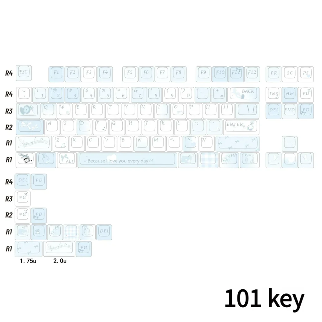 Lifestyle image of a desktop setup featuring a mechanical keyboard with Blue Melody PBT keycaps.