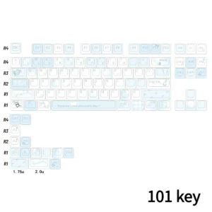 Lifestyle image of a desktop setup featuring a mechanical keyboard with Blue Melody PBT keycaps.