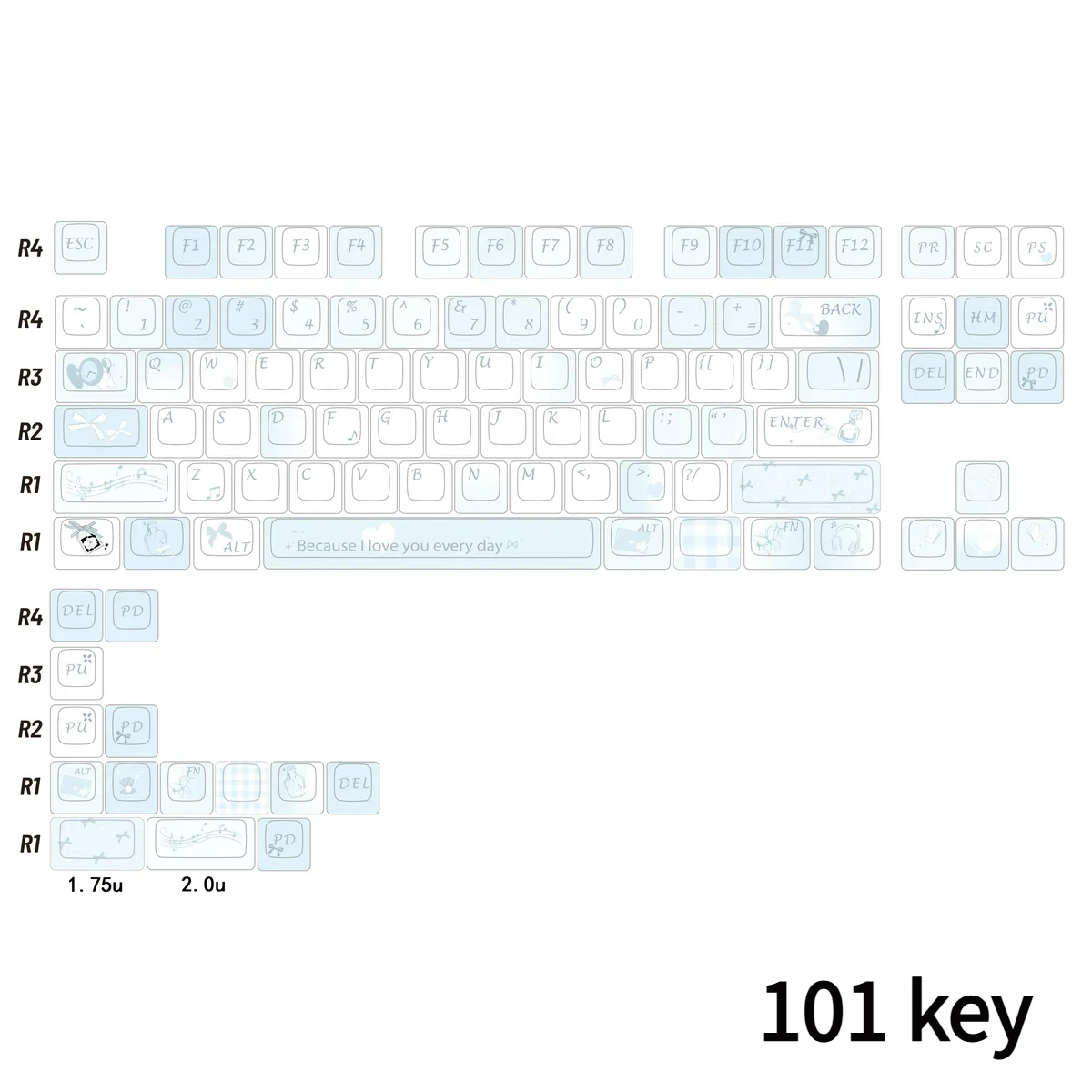 Lifestyle image of a desktop setup featuring a mechanical keyboard with Blue Melody PBT keycaps.