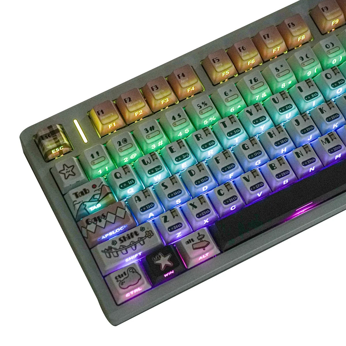 Angled view of the Calendar PBT Keycap Set, highlighting the crisp legends and organized elegance.