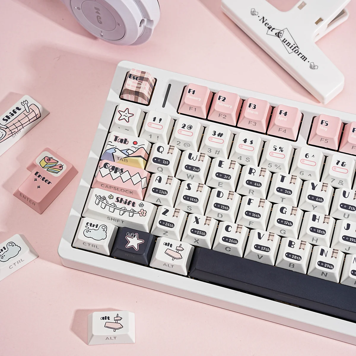 Close-up of a calendar-themed keycap from the PBT set, showing the high-quality dye-sublimation.