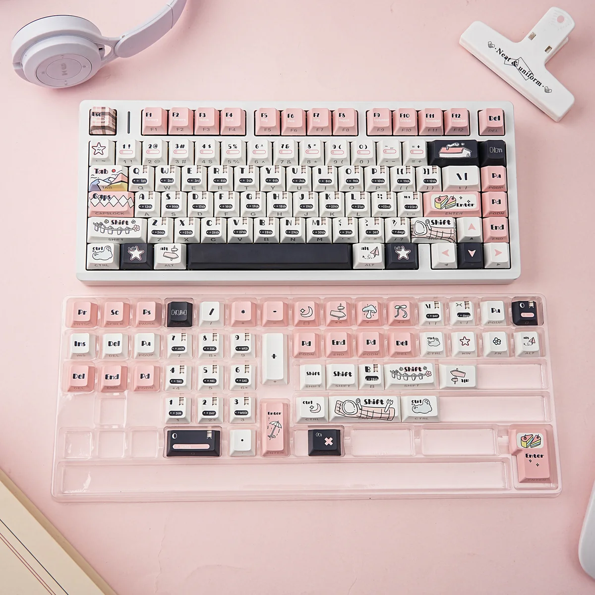 Overview of the 131-key Calendar PBT Keycap Set layout, demonstrating extensive compatibility.