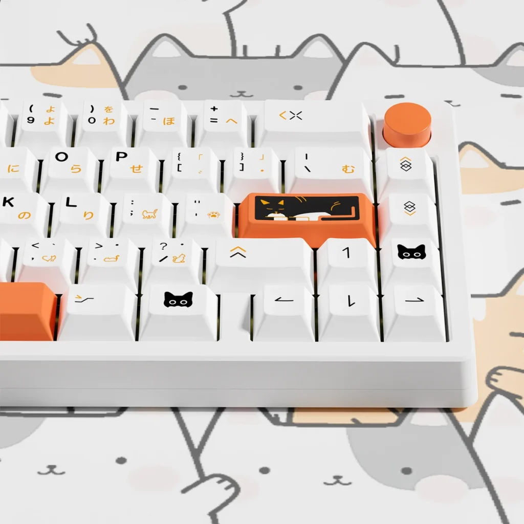 Detailed view of various Calico Cat themed keycaps, including novelty keys with unique cat illustrations.