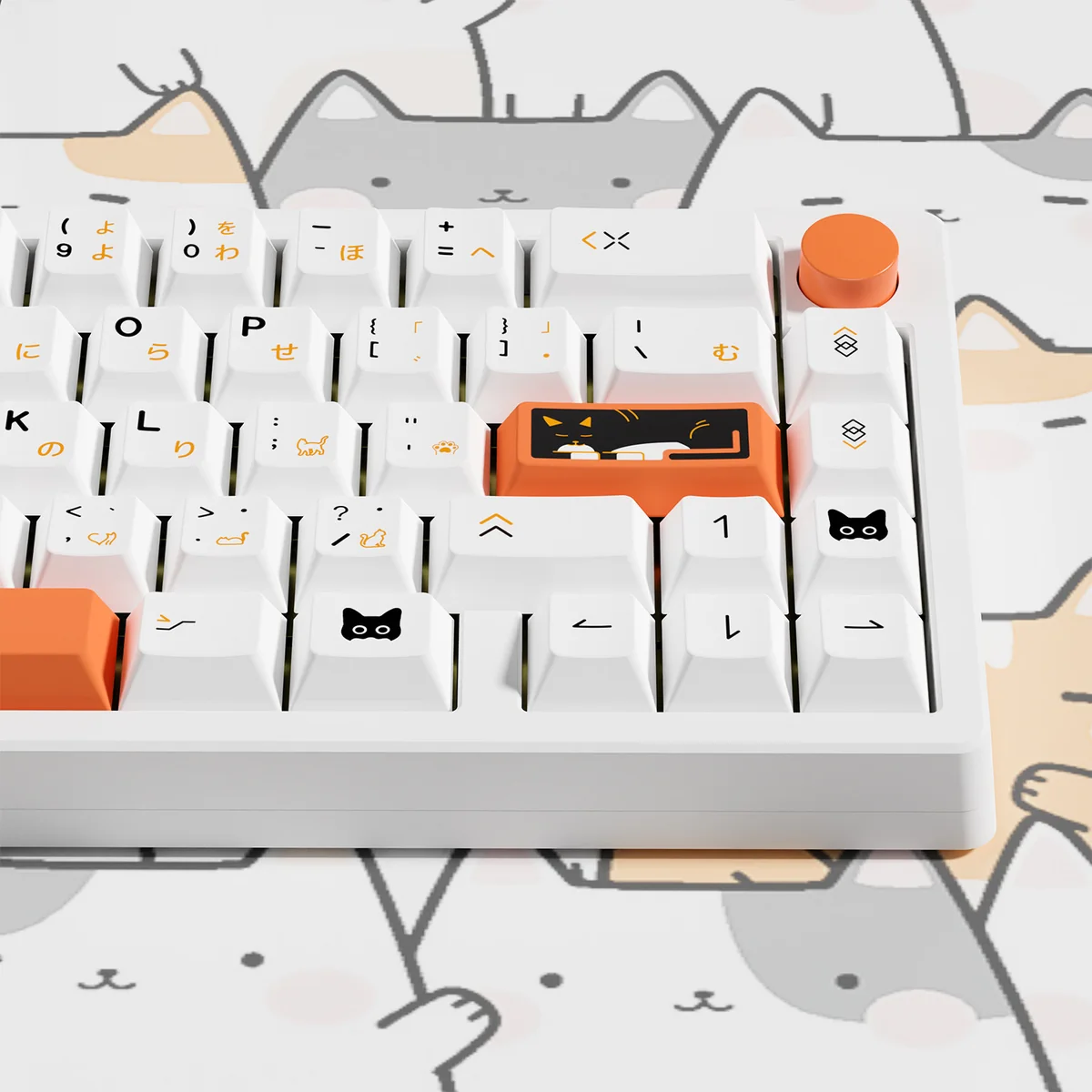 Detailed view of various Calico Cat themed keycaps, including novelty keys with unique cat illustrations.