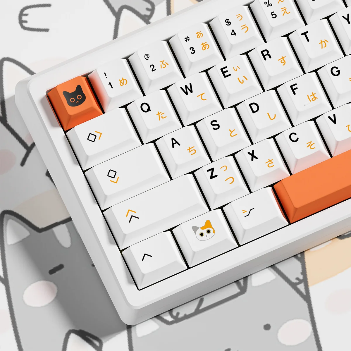 Close-up of Calico Cat keycaps, highlighting the crisp dye-sublimation and PBT texture.