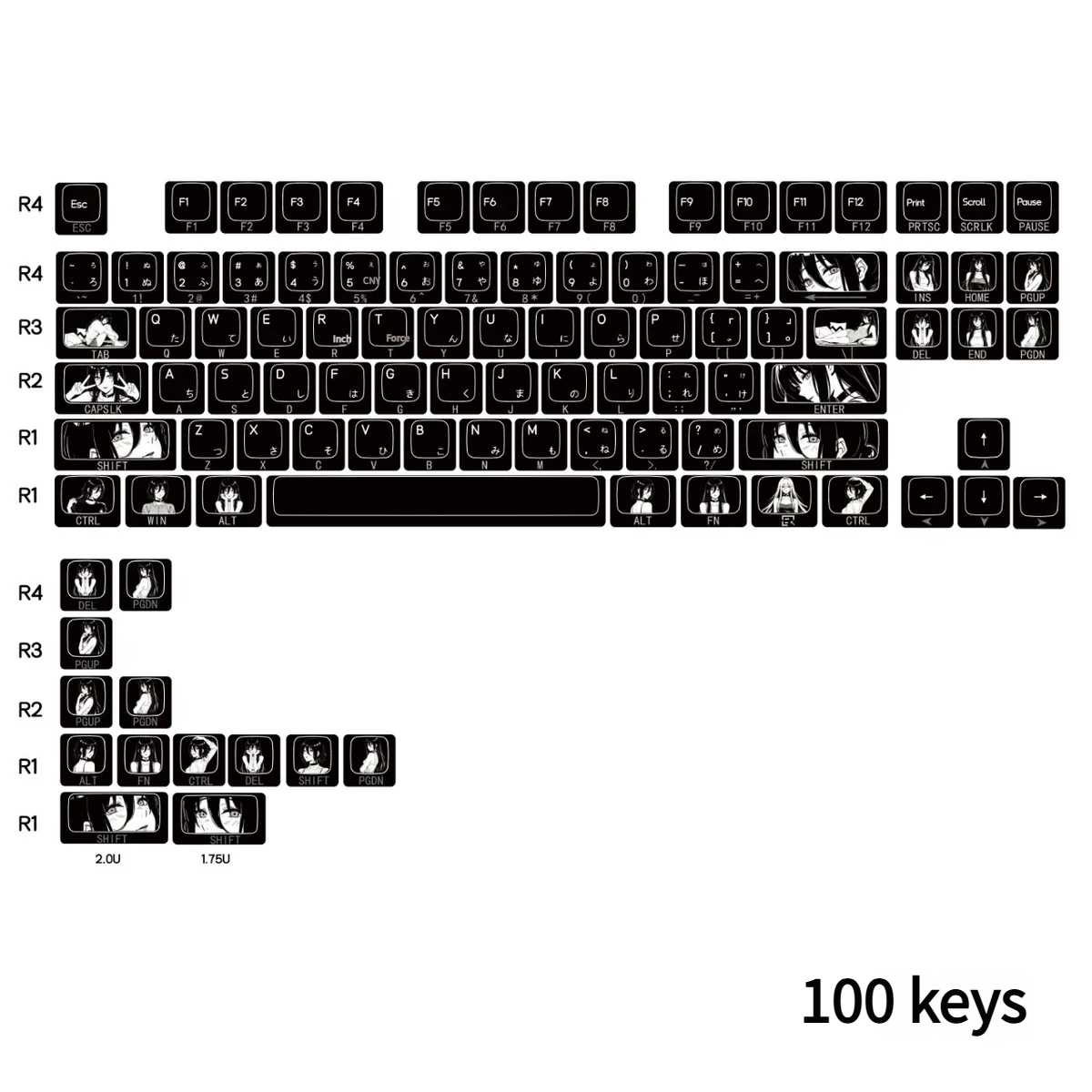Chainsaw Man Reze keycap set laid out, showcasing the full layout and Cherry profile for mechanical keyboards