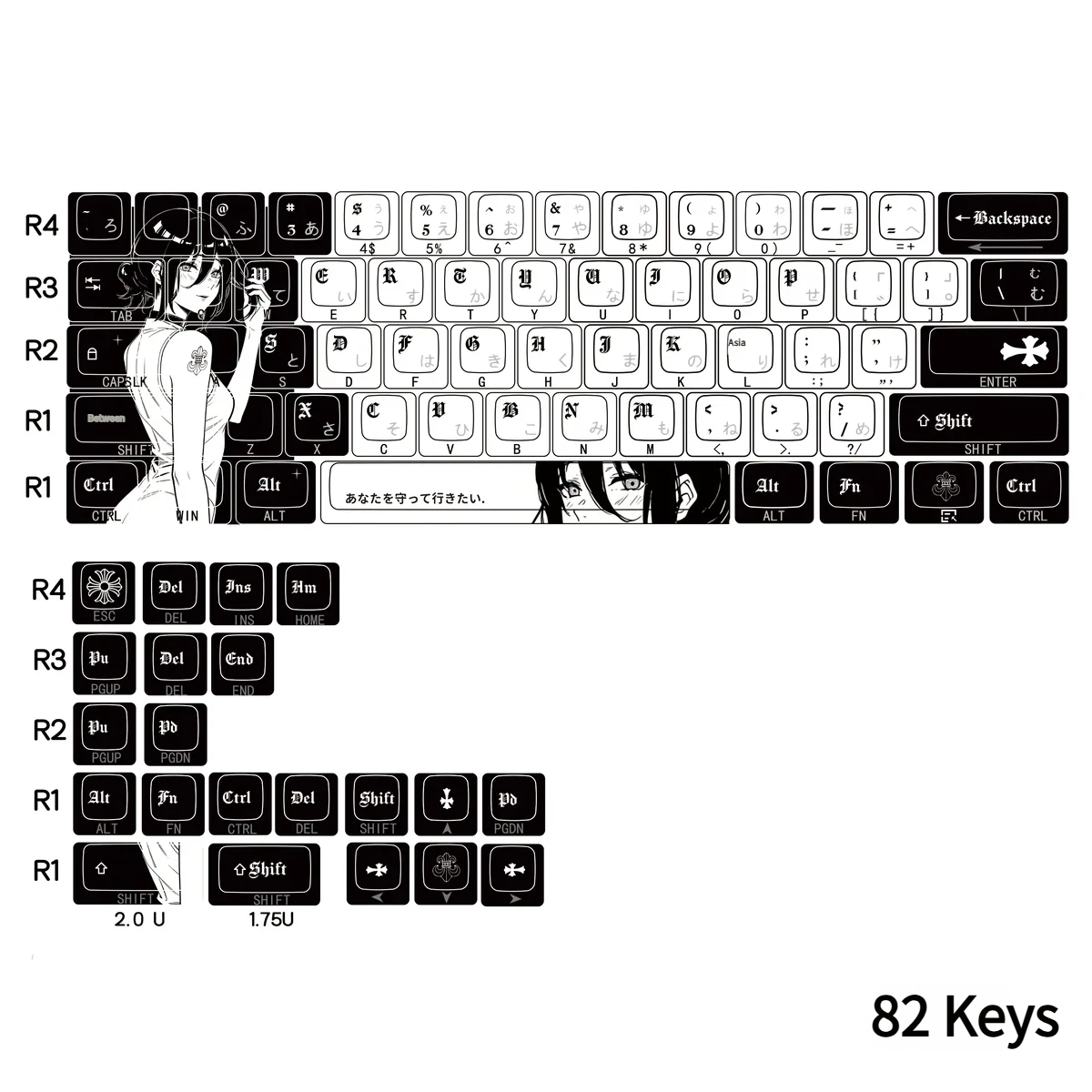 Close-up of Reze character art and Chrome Hearts motifs on PBT keycaps