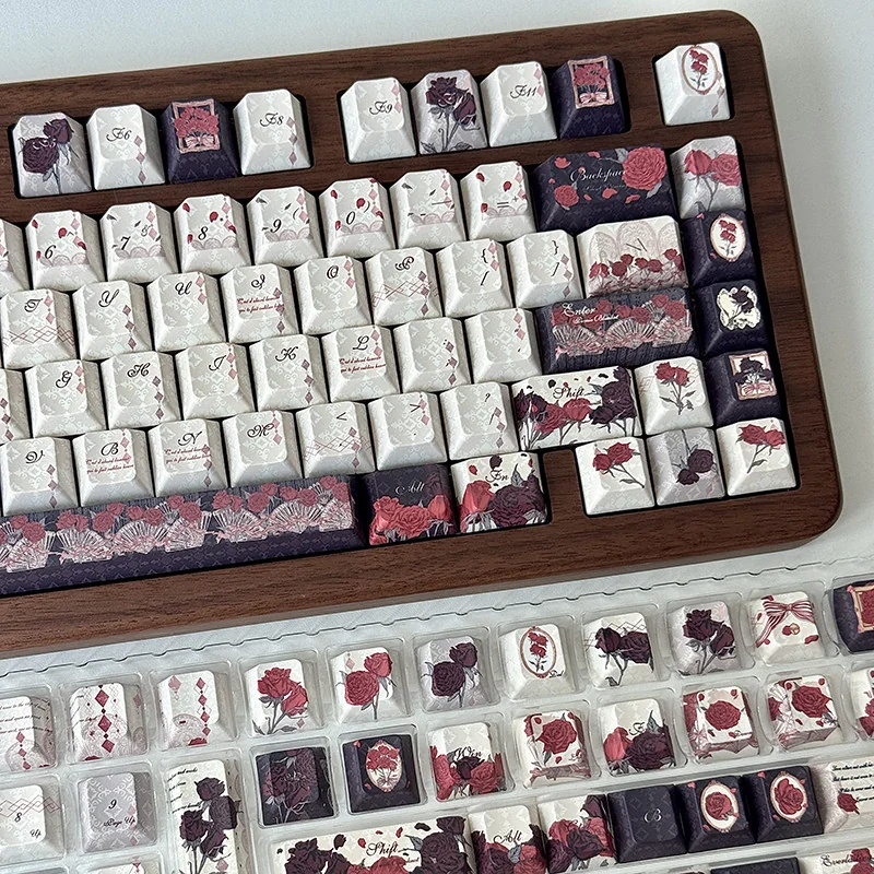 Angled view of Cherry Profile Dark Rose Keycaps showcasing ergonomic sculpt