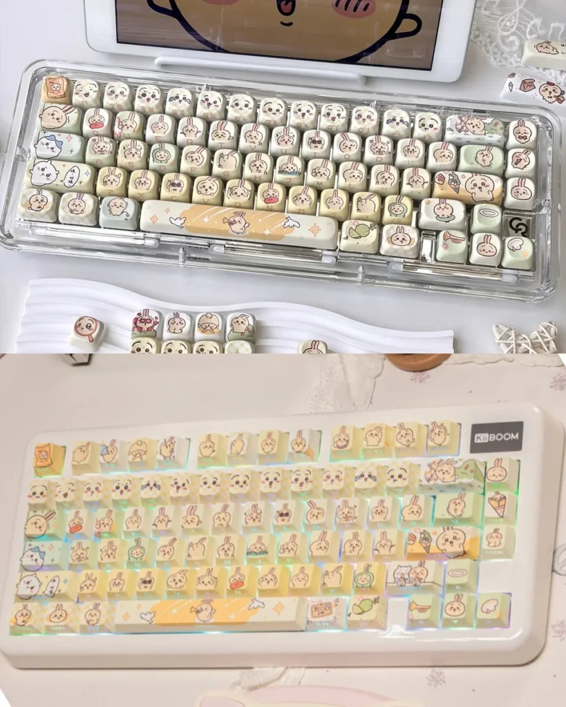 Chiikawa Usagi PBT backlit keycap set with translucent legends on a mechanical keyboard