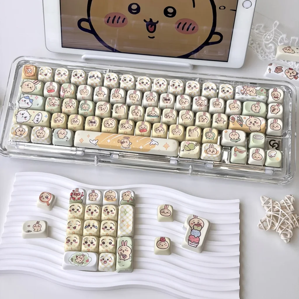 Close-up of Chiikawa Usagi keycaps showing character details and RGB light-through effect