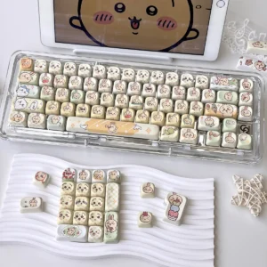 Close-up of Chiikawa Usagi keycaps showing character details and RGB light-through effect