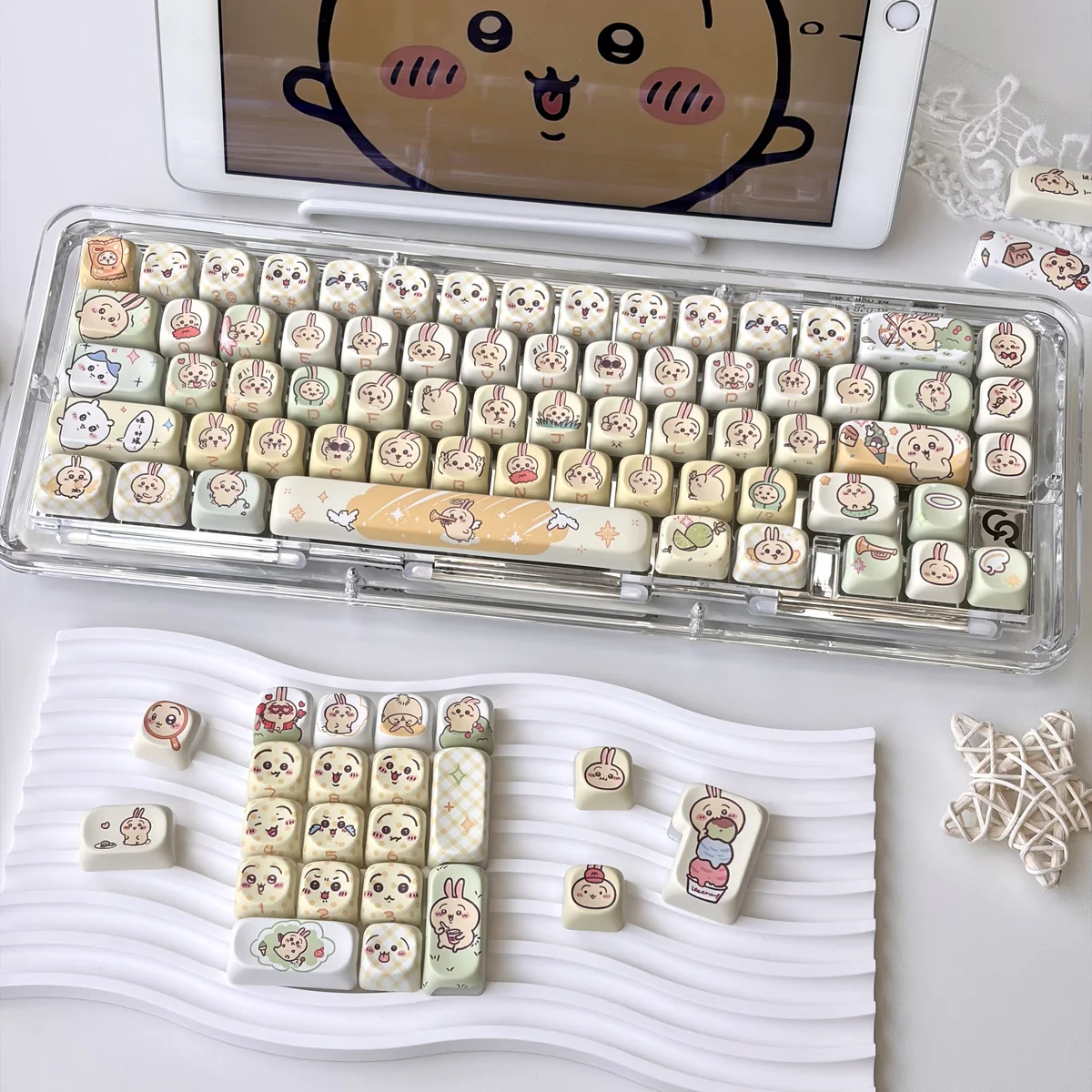 Close-up of Chiikawa Usagi keycaps showing character details and RGB light-through effect