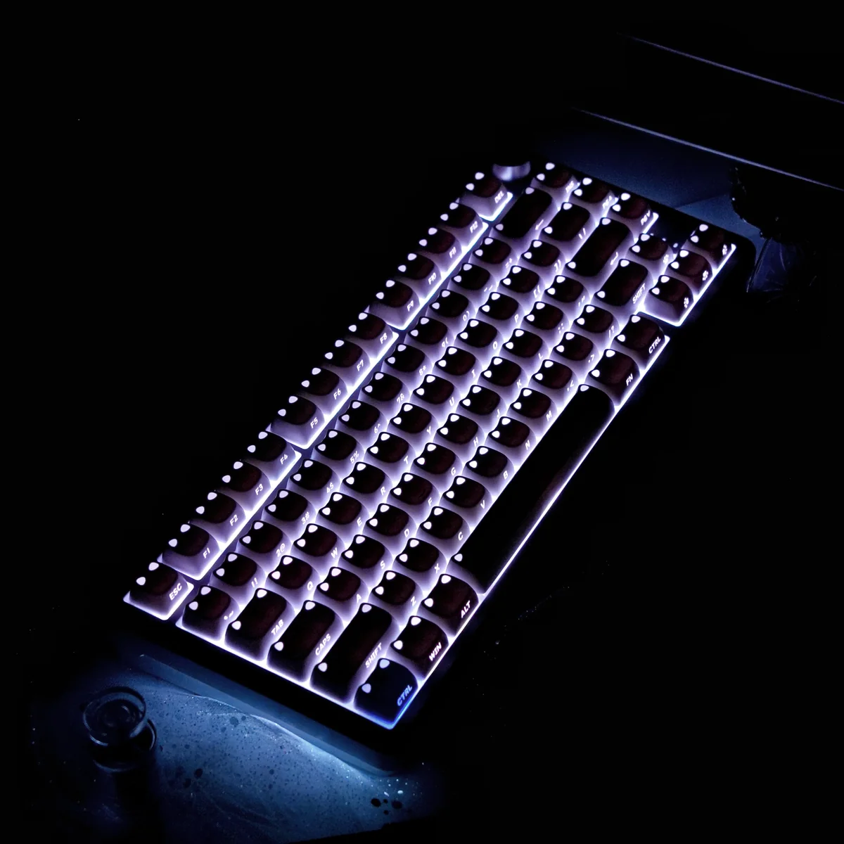 Close-up of side-engraved cat head keycap with backlight effect