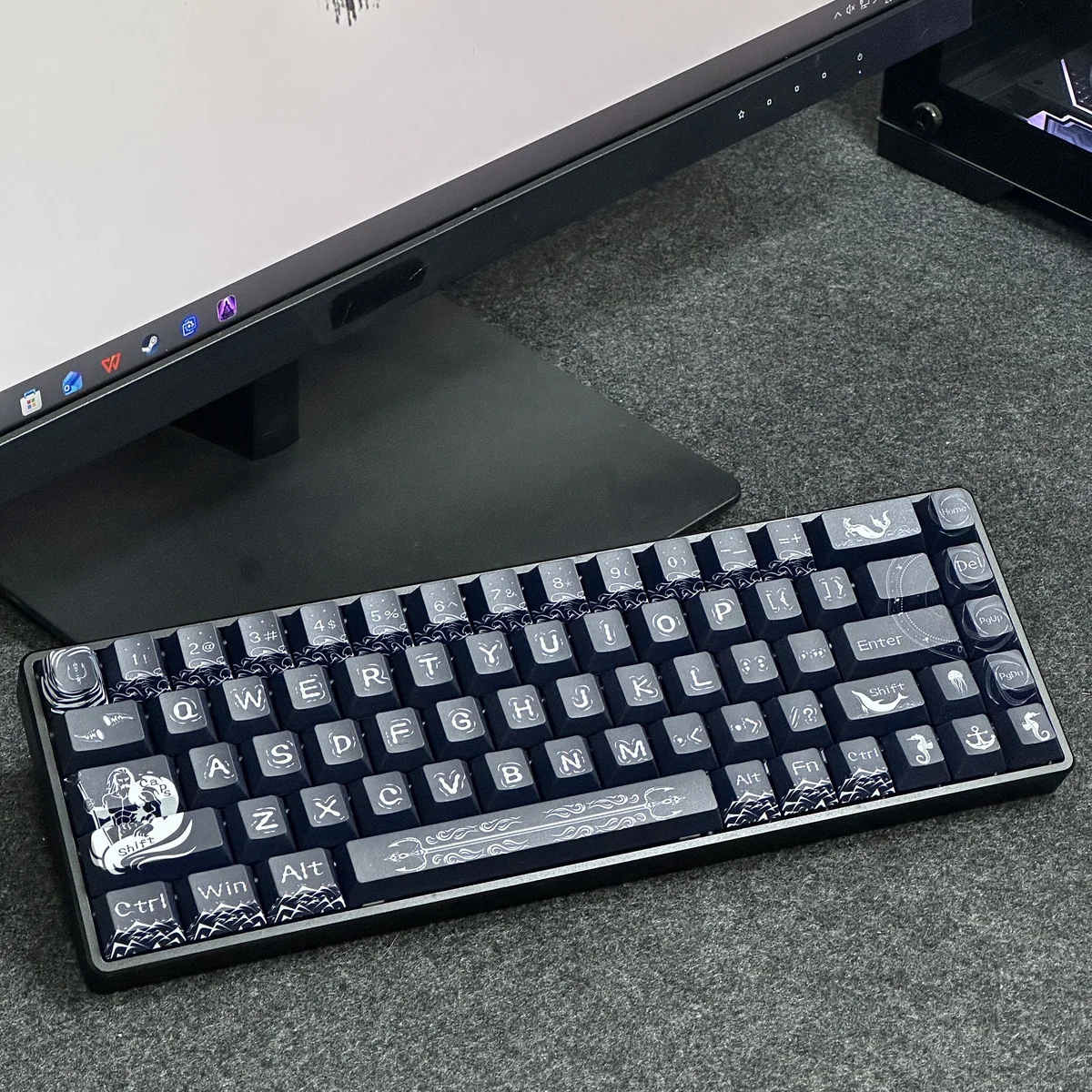 Angled view of the Poseidon Keycap Set, showing the Cherry profile and textured artisan keycaps.