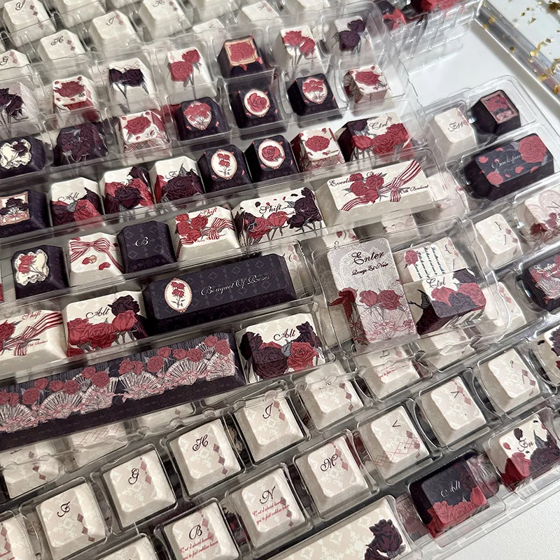 Artistic shot of Dark Rose Keycap Set packaging with rose motifs