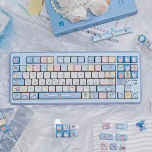 Doraemon PBT Dye-Sub Keycap Set on a mechanical keyboard, showcasing blue and white keys with character designs.