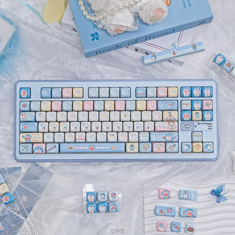 Doraemon PBT Dye-Sub Keycap Set on a mechanical keyboard, showcasing blue and white keys with character designs.
