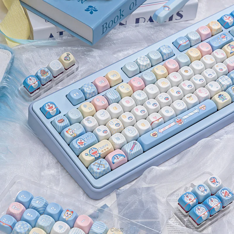 Close-up of Doraemon-themed keycaps, highlighting the crisp dye-sublimated legends and PBT texture.