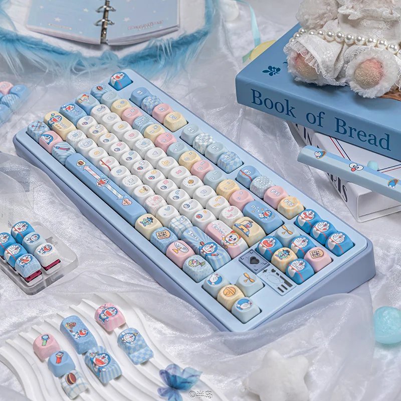 Doraemon keycaps installed on a 60% mechanical keyboard, emphasizing the compact and nostalgic aesthetic.