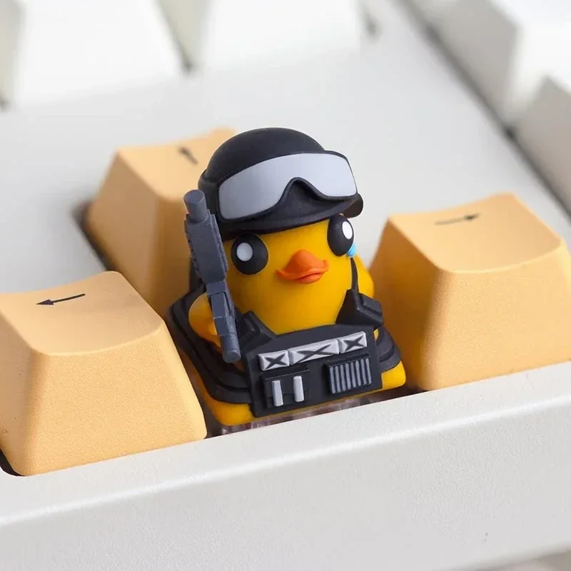 Gaming keyboard with the Escape from Duckov tactical duck ESC keycap installed, highlighting its unique placement and design.