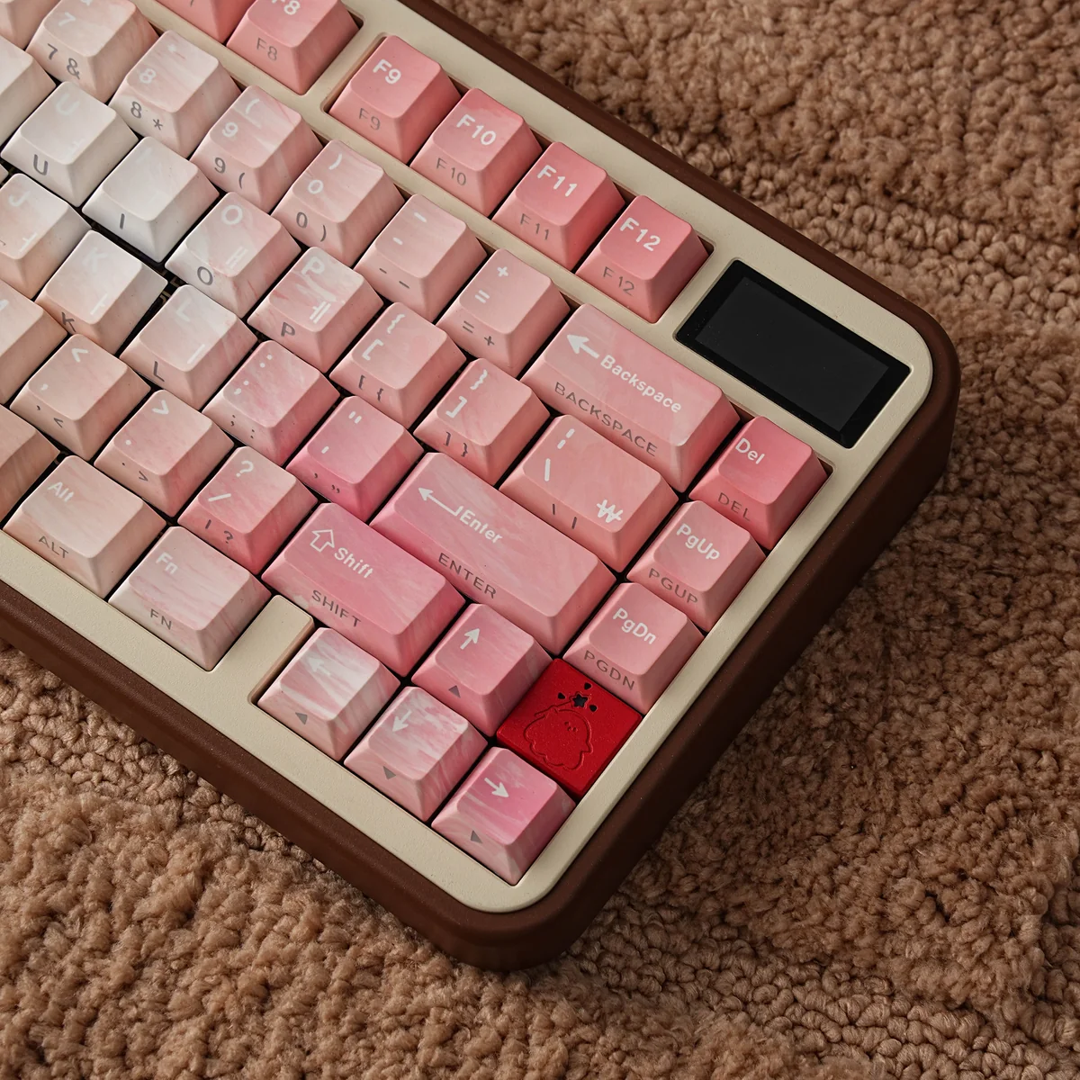 Close-up of Enchanting Elf keycap legends showing intricate elven script and light-through design