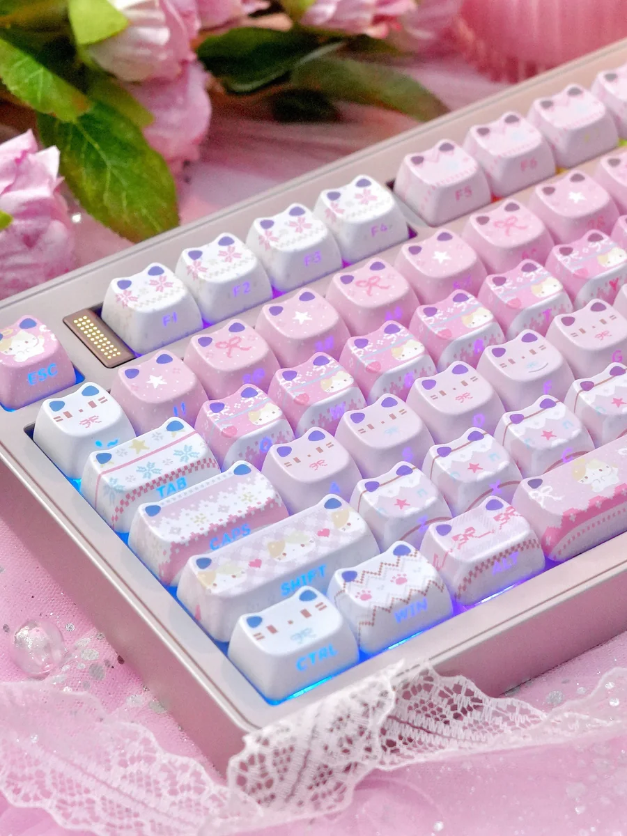 Fair Isle Cat Keycap Set installed on a minimalist mechanical keyboard setup
