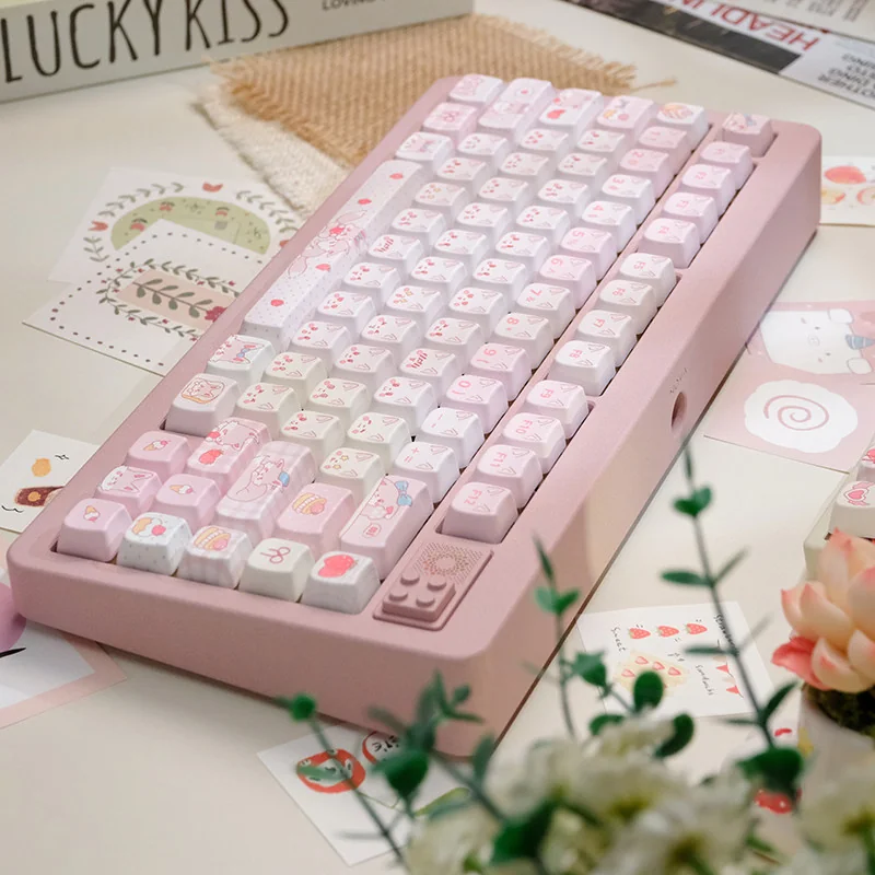 Fox Dessert keycaps installed on a pink mechanical keyboard, creating a whimsical desktop aesthetic.